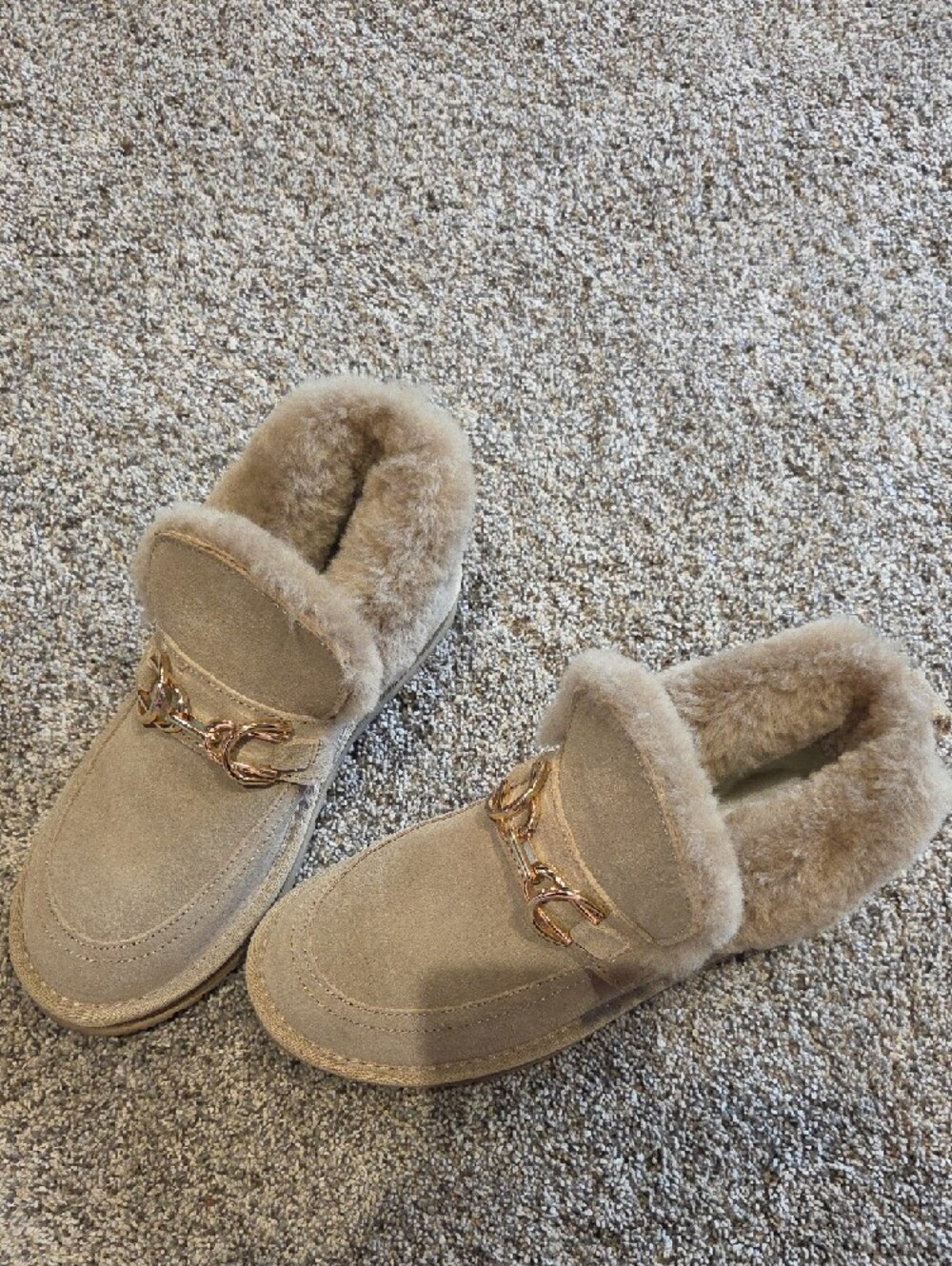 Women’s Tan Suede Shearling-Lined Slip-On Loafers with Gold Accent - Picture 2 of 4